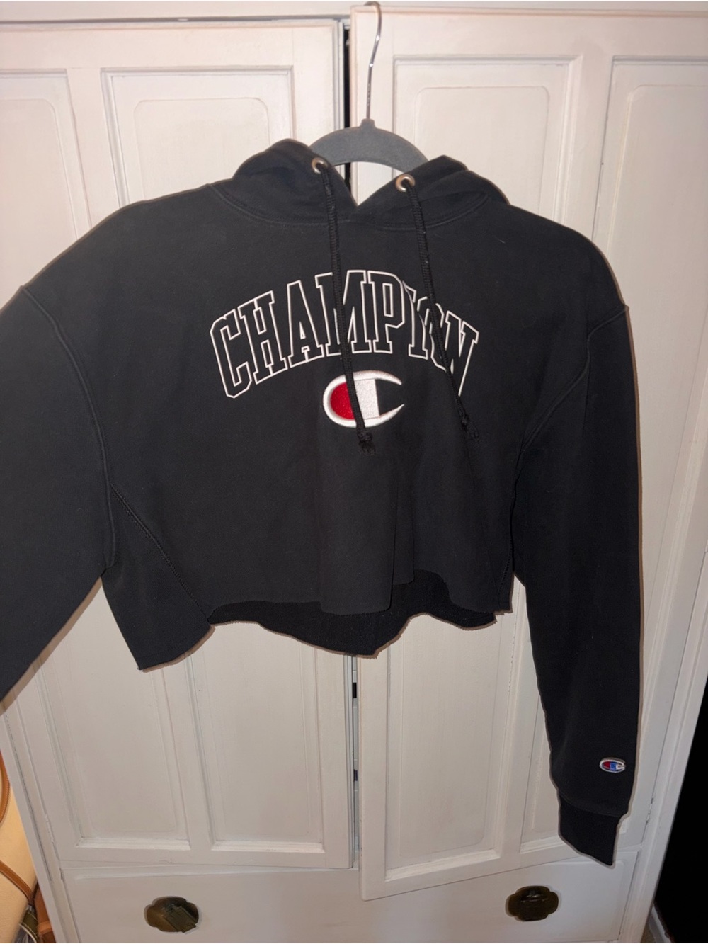 Champion Black Cropped Pullover Hoodie with Logo